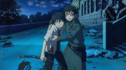 Rin y Yukio tras destruir la puerta