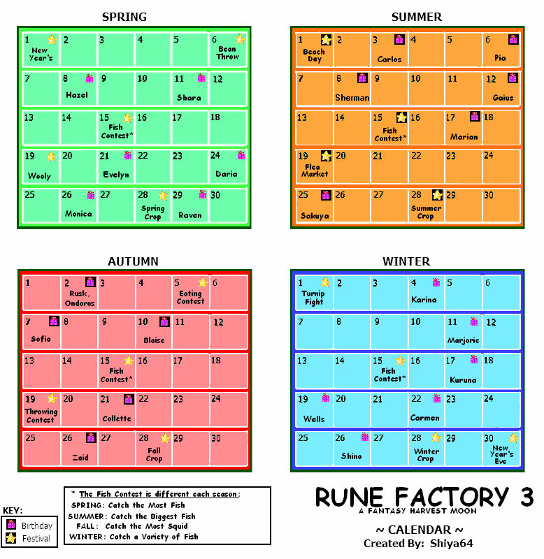 Calendar (RF3) Rune Factory Wiki Fandom powered by Wikia