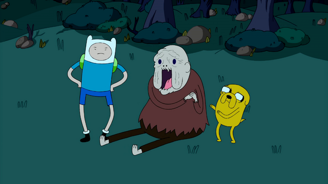 File:S1e22 Finn and Jake with happy Old Man Henchman.png