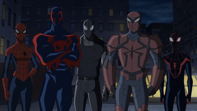 File:Spider-Man 2099, Spider-Girl, Spider-Man Noir, Spyder-Knight, Miles Morales USMWW.png