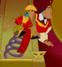 Kuzco being suddenly bounced off the throne, with Kronk watching in amazement.