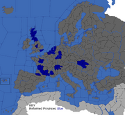 "Map showing provinces that turn Reformed at the Jean Calvin event"