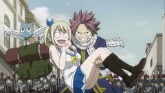 Natsu, Lucy y Happy huyen de los soldados.png