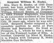 William Edward Ensko (1888-1918) death reported in the Brooklyn Eagle on Thursday, August 15, 1918