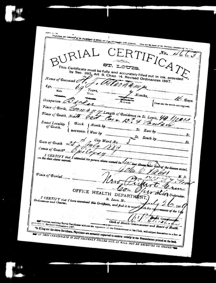Hicke Osterkamp's burial certificate