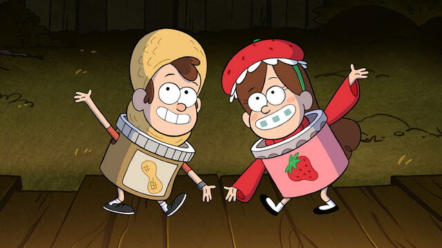 File:S1e12 Dipper in peanut butter costume Mabel in strawberry jam costume.jpg