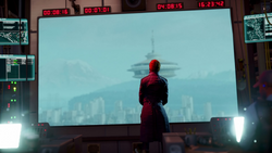 Augustine watches commotion at the Space Needle during The Gauntlet mission