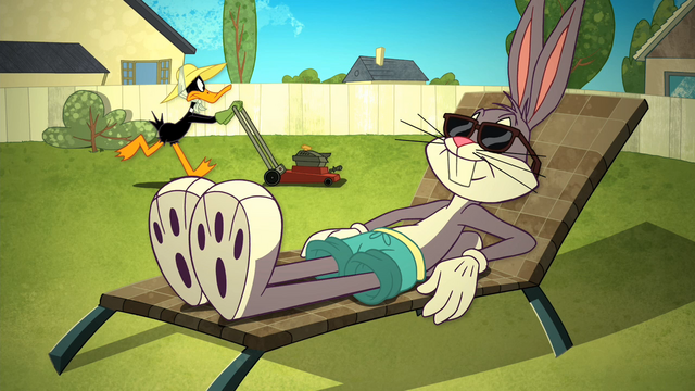 File:Bugs Sunbathes and Daffy Mowing the Lawn in the Backyard.png