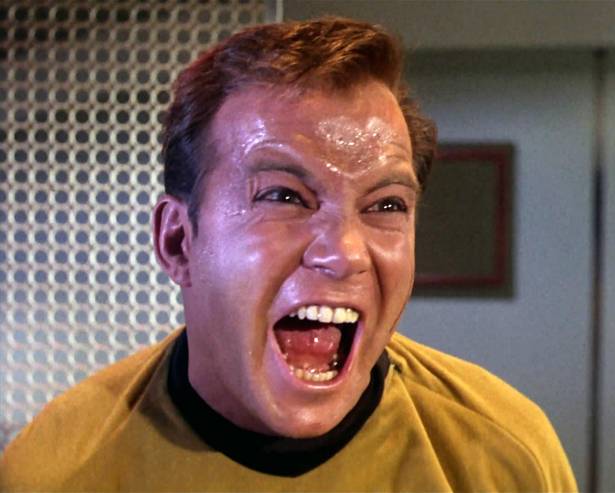 William Shatner as Captain Kirk, sweaty and screaming