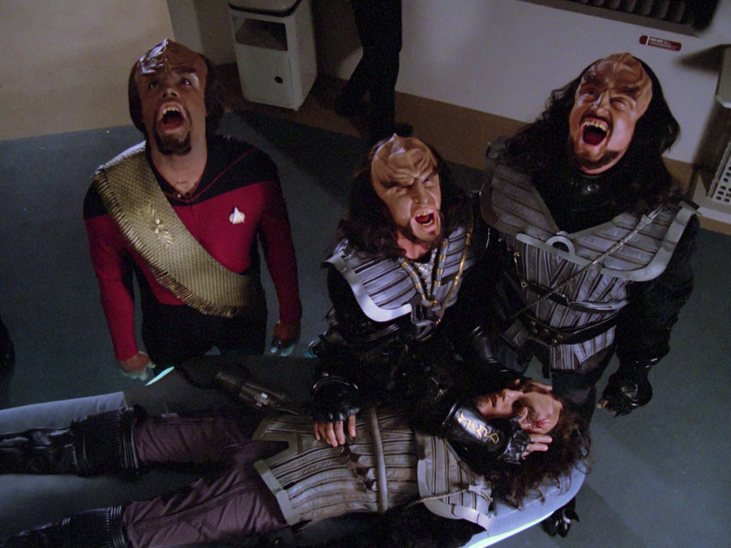 Lt. Commander Worf and other Klingons perform the Klingon death ritual in Star Trek: The Next Generation.