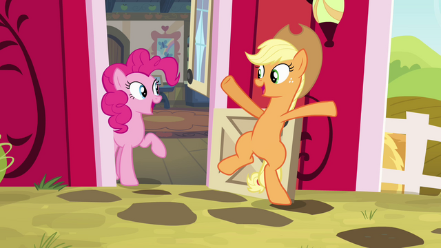 File:AJ and Pinkie "you're an Apple now!" S4E09.png