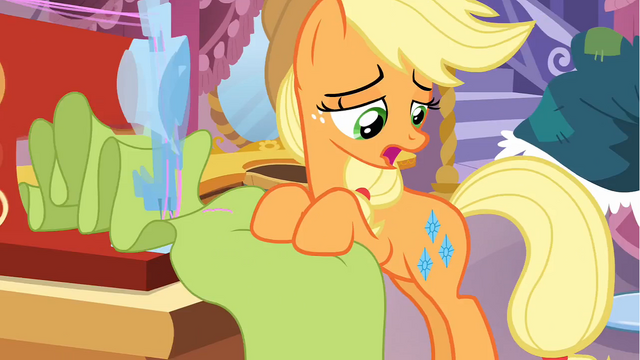 File:Applejack having Rarity's cutie mark S3E13.png
