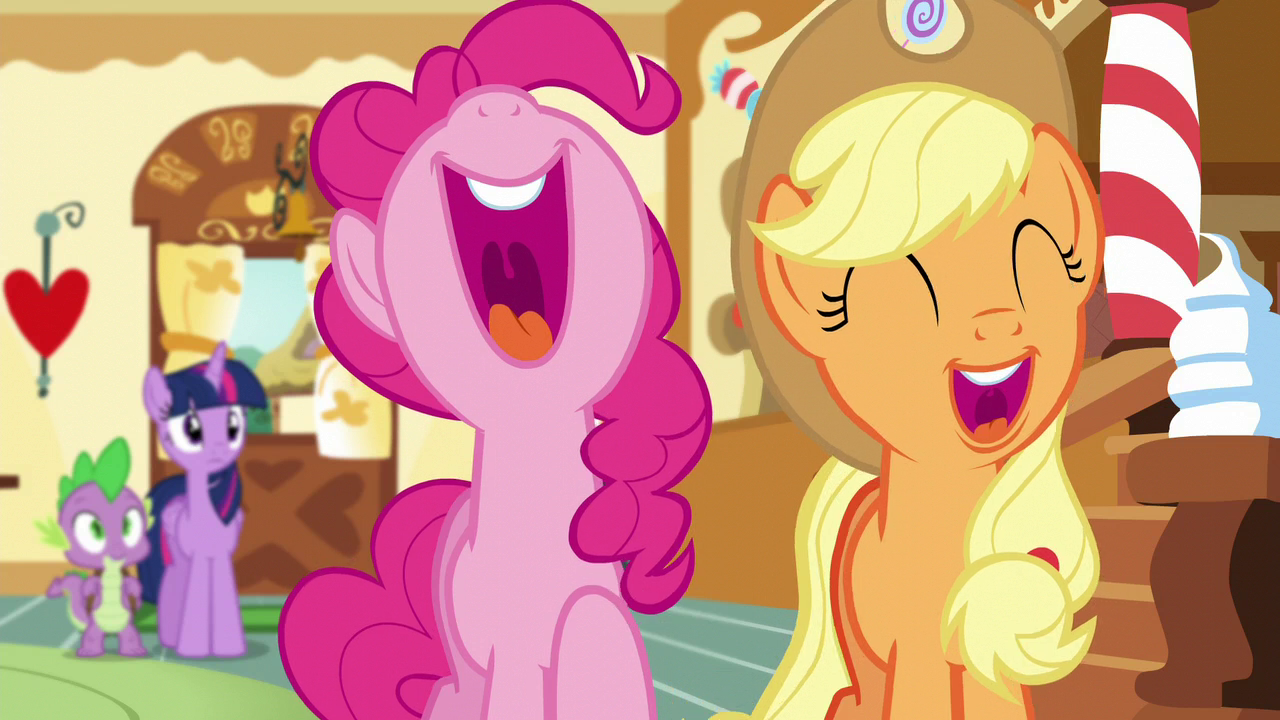 Image - Pinkie and Applejack laughing at Discord's joke ... Applejack's new hat by symbianl on deviantart.