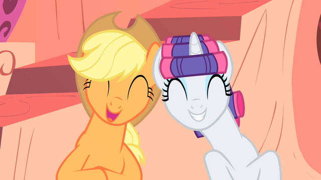 File:Applejack and Rarity laughing together S1E08.png