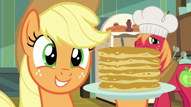 File:Applejack holding a stack of flapjacks S7E13.png