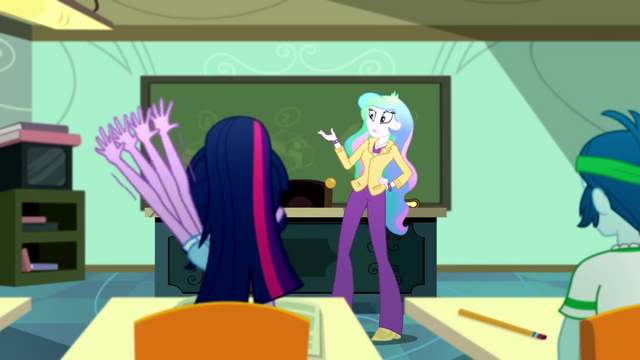 File:Twilight raises her hand; Celestia hears a knock SS8.png