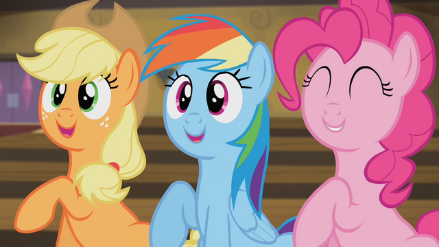 File:Applejack, Rainbow and Pinkie stomping their hooves S4E08.png