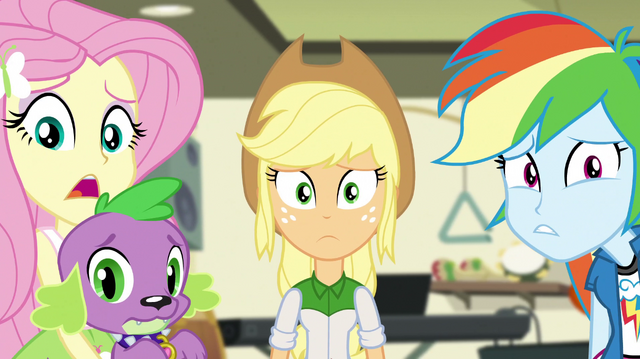 File:Fluttershy, AJ, and Rainbow looking worried EGS1.png