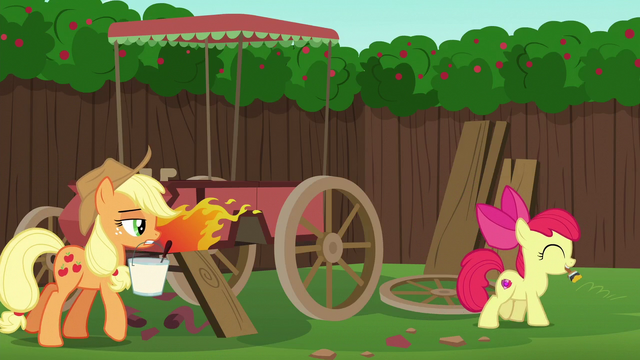 File:Apple Bloom with paint brush; AJ with paint remover S6E14.png