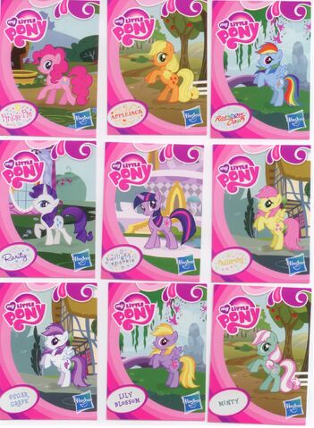 File:EU wave 1 mystery packs scans - Pinkie Pie, Applejack, Rainbow Dash, Rarity, Twilight Sparkle, Sugar Grape, Lily Blossom, Minty.jpg