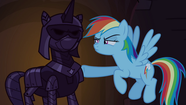 File:Rainbow Dash pokes suit of armor S4E03.png