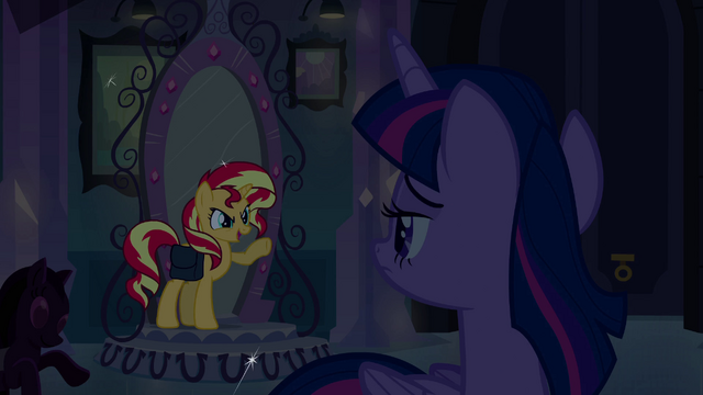 File:Sunset Shimmer standing in front of the mirror EG.png