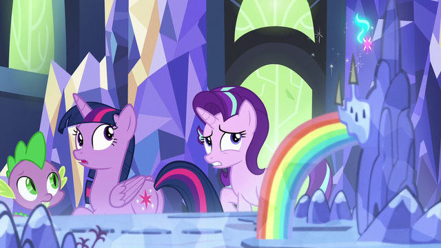 File:Twilight, Starlight, and Spike look back at the map S7E10.png