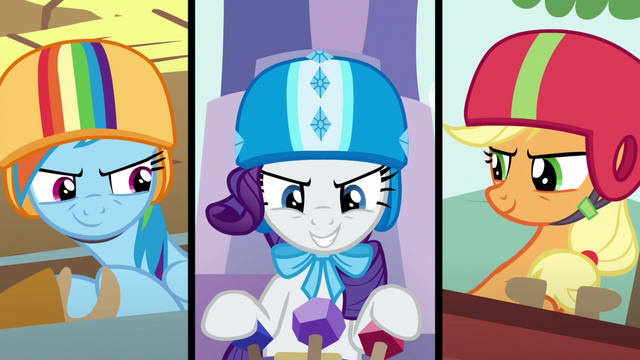 File:Rainbow Dash, Rarity and AJ ready to race S6E14.png