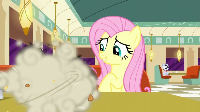 File:Fluttershy watches raccoons eating pie S6E9.png