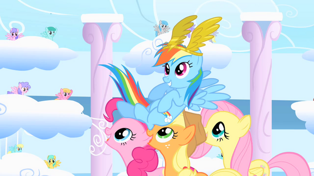 File:Pinkie Pie, Applejack, and Fluttershy carry victorious Rainbow Dash on their backs S1E16.png