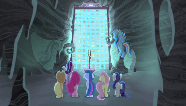 File:Mane six and Starlight facing the cutie mark vault S5E1.png