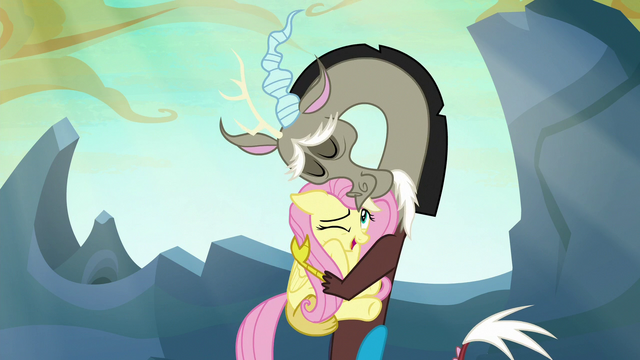 File:Discord tightly hugging Fluttershy S6E26.png