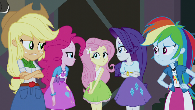 File:Fluttershy's friends stare at her EG3.png