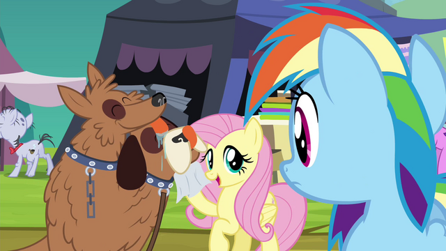 File:Fluttershy wiping orthros' drool S4E22.png