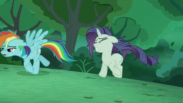 File:'Rainbow' and 'Rarity' emerges from the bushes S5E26.png