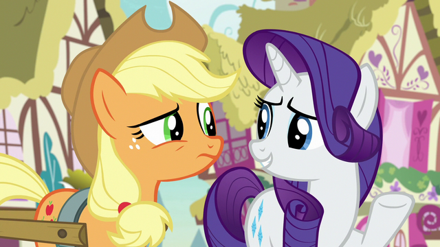 File:Applejack skeptical; Rarity innocently confused S7E9.png