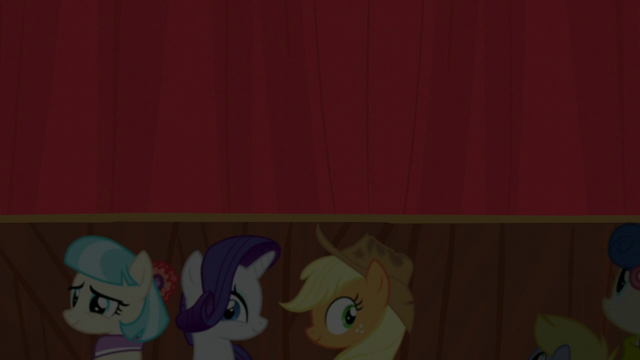 File:Coco, Rarity, and AJ look at the audience S5E16.png