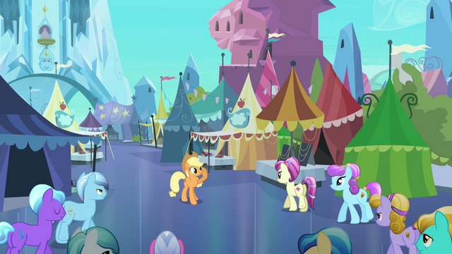 File:Applejack welcomes Crystal Ponies to the Faire S3E01.png