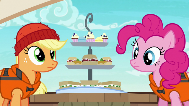 File:Applejack and Pinkie look at Rarity's snacks S6E22.png