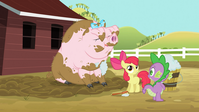 File:Spike and Apple Bloom washing pig S03E09.png