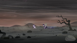Twilight, Spike, and Starlight on the barren landscape S5E26