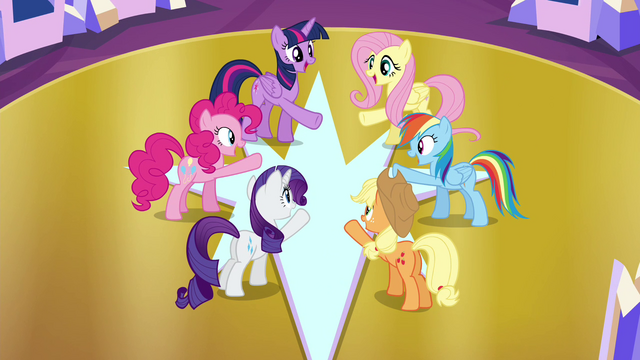 File:Mane 6 at the center of the throne room S4E26.png
