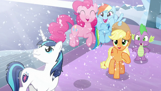 File:Shining, Pinkie, RD, AJ, and Spike happy seeing Flurry Heart S6E2.png