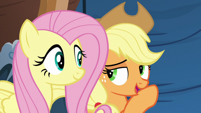 File:Applejack whispering to Fluttershy S6E20.png