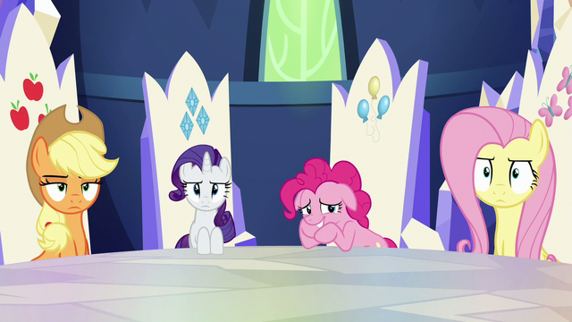File:AJ, Rarity, and Fluttershy unamused; Pinkie cracks up S6E15.png