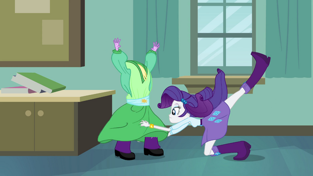 File:Rarity slips a green dress on Twilight EG.png