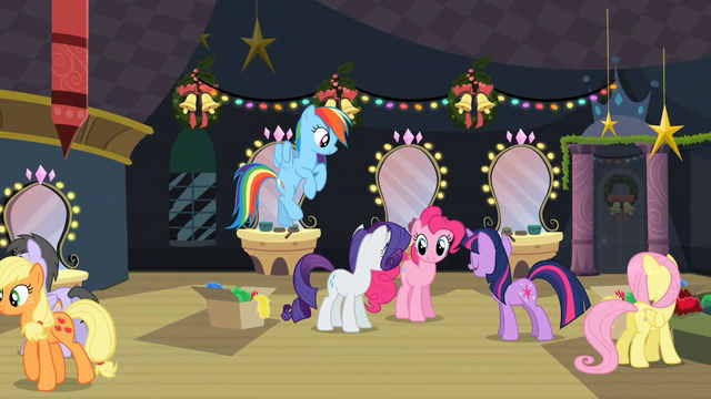 File:Twilight talking to Rainbow, Rarity and Pinkie backstage after play S2E11.png