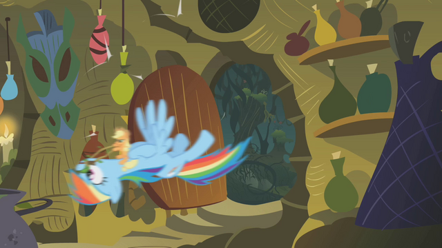 File:Applejack and Rainbow storm the hut S1E09.png