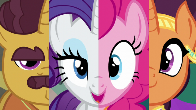 File:Coriander Cumin, Rarity, Pinkie Pie, Saffron Masala split screen S6E12.png