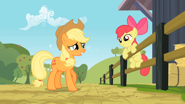 File:Apple Bloom on a fencing while talking to Applejack S2E14.png